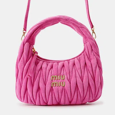 Pre-owned Miu Miu Wander Small Pink Matelasse Suede Hobo Bag