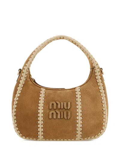 Miu Miu Wander Suede Braided Shoulder Bag In Brown