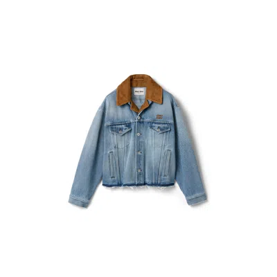 Miu Miu Washed Denim And Suede Blouson Jacket In Blue