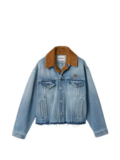 Miu Miu Washed Denim And Suede Blouson Jacket In Blue
