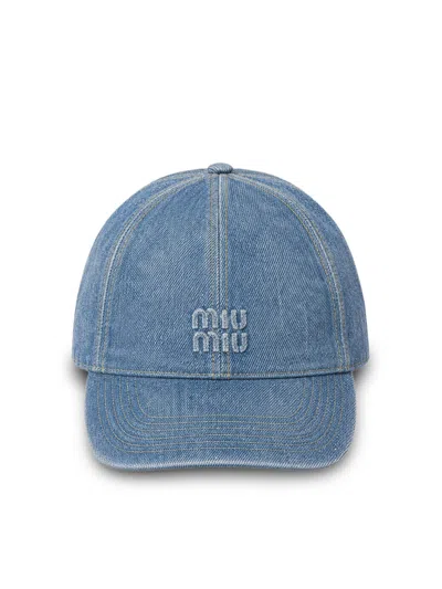 Miu Miu Washed Denim Baseball Cap In Blue