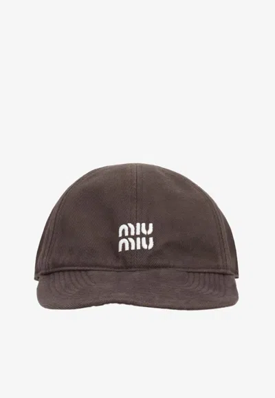Miu Miu Washed Denim Baseball Cap In Brown