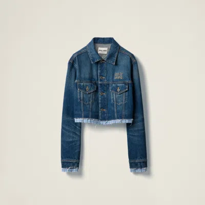 Miu Miu Logo Patch Cropped Denim Jackets In Blue