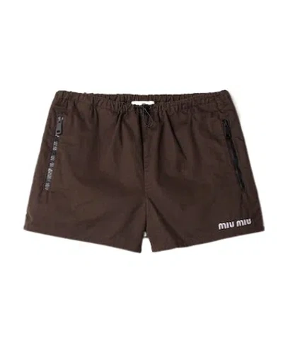 Miu Miu Washed Gabardine Shorts In Brown
