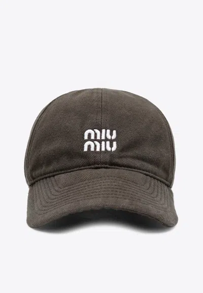 Miu Miu Washed Logo Baseball Cap In Brown