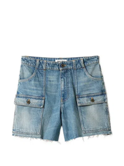 Miu Miu Washed Patch-pocket Denim Shorts In Blue