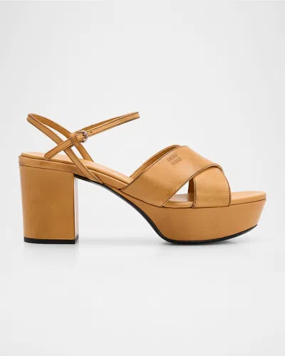 Miu Miu Waxed Leather Platform Sandals In Brown
