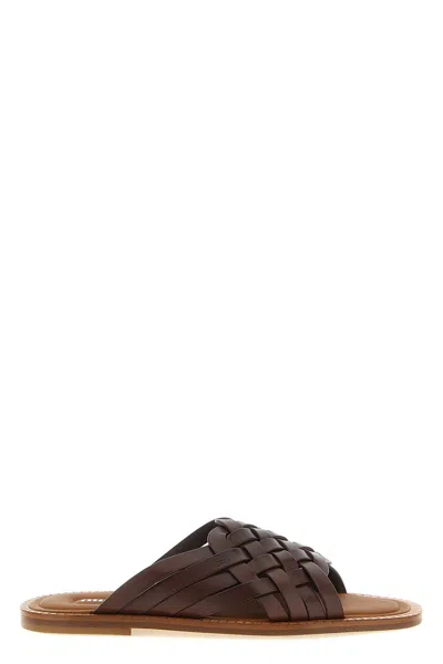 Miu Miu Waxed Leather Woven Flat Sole Sandals In Brown