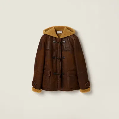 Miu Miu Waxed Shearling Duffle Coat In Brown