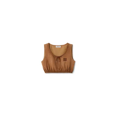 Miu Miu Waxed Suede Crop Top In Brown