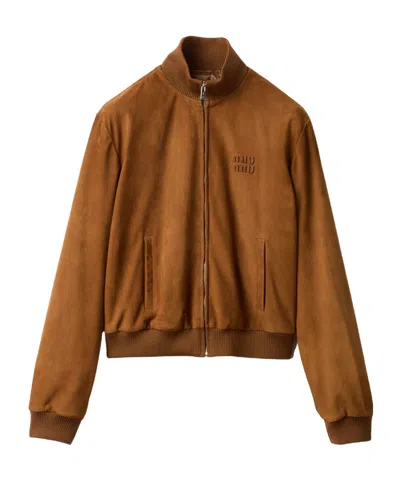Miu Miu Waxed Suede Jacket In Burgundy