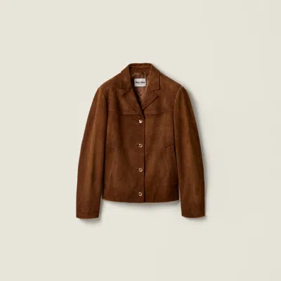 Miu Miu Waxed Suede Leather Blouson Jacket In Brown