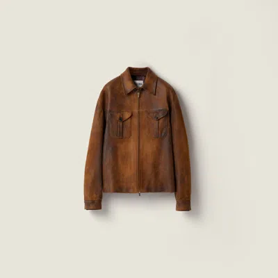 Miu Miu Waxed Suede Leather Jacket In Brown