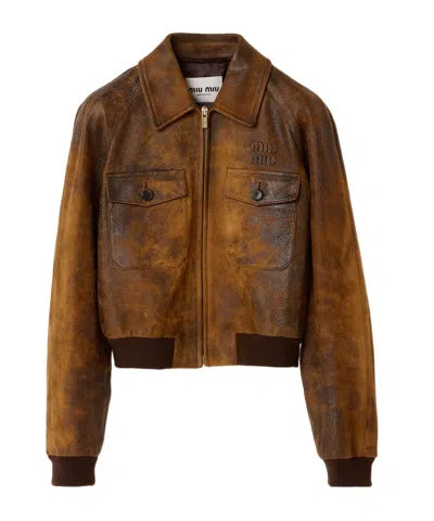 Miu Miu Waxed Suede Leather Jacket In Brown
