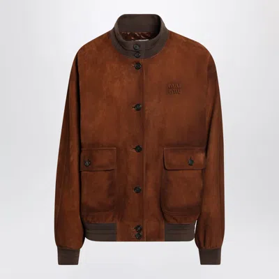 Miu Miu Waxed Suede Leather Jacket In Chestnut In Brown