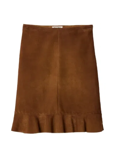 Miu Miu Waxed Suede Ruffle Skirt In Brown