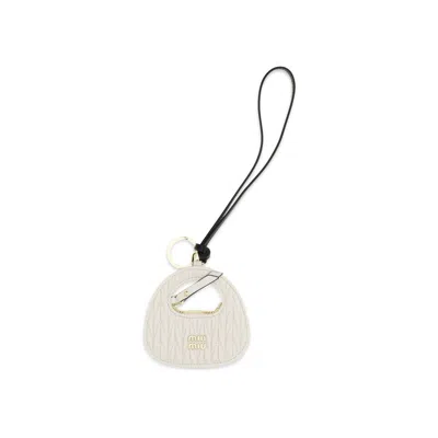 Miu Miu White Calf Leather Bos Taurus Keychain In Neutral