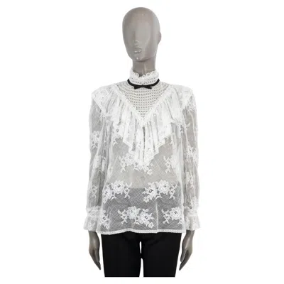 Pre-owned Miu Miu White Cotton 2019 Sheer Ruffled Floral Lace Mock Neck Blouse Shirt S