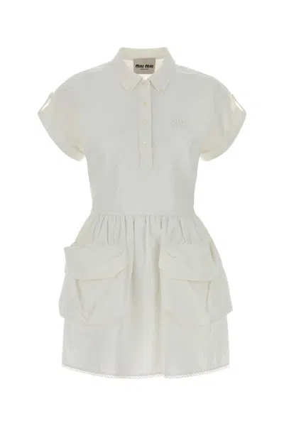 Miu Miu Cotton Blend Dress Front Pockets Waist Tie In White