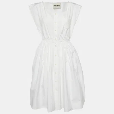 Pre-owned Miu Miu White Cotton Logo Pocket Detail Midi Dress Xs