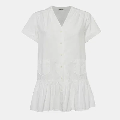 Pre-owned Miu Miu White Cotton Tiered Mini Dress M