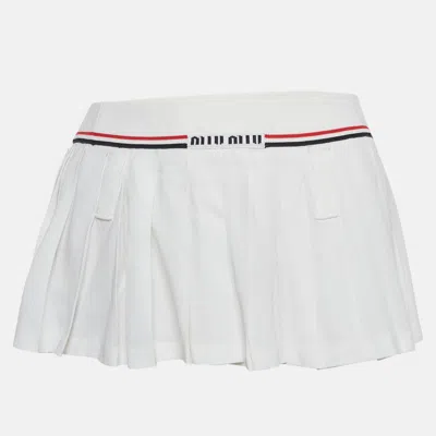 Pre-owned Miu Miu White Crepe Rib Waist Pleated Micro Skirt S
