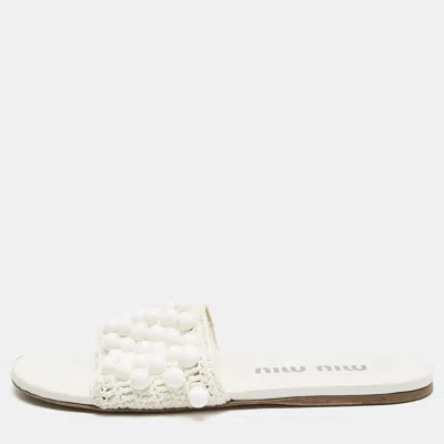 Pre-owned Miu Miu White Crochet Beaded Slide Flats Size 39