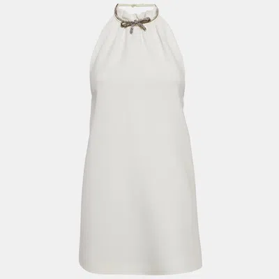 Pre-owned Miu Miu White Crystal Embellished Crepe Mini Dress S