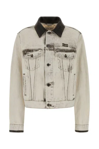 Miu Miu Denim Jacket Contrast Collar Front Pockets In Neutral