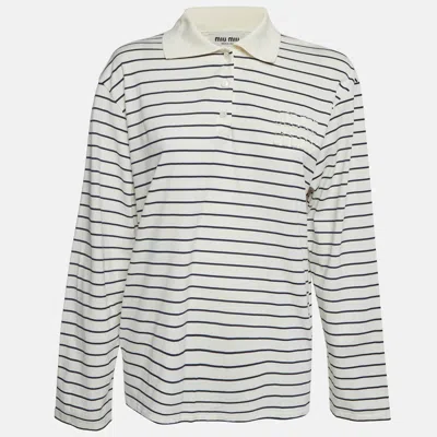 Pre-owned Miu Miu White Embroidered Logo Striped Jersey Polo Shirt L