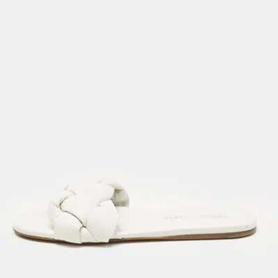 Pre-owned Miu Miu White Intrecciato Leather Flat Slides Size 40