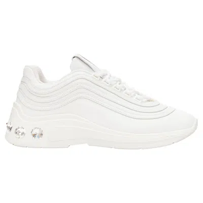 Pre-owned Miu Miu White Leather Logo Tongue Clear Big Crystal Heels Chunky Sneakers Eu38