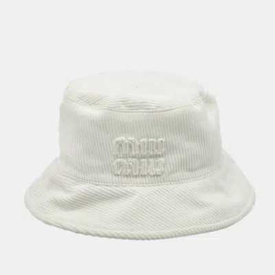 Pre-owned Miu Miu White Logo Corduroy Bucket Hat L