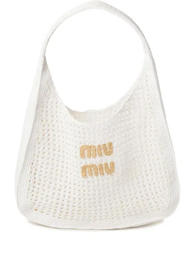 Miu Miu Logo-embroidered Cotton-knit Tote Bag In White