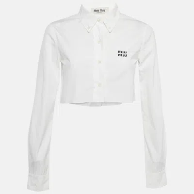 Pre-owned Miu Miu White Logo Embroidered Cotton Crop Shirt Xs