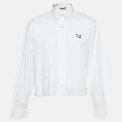 Pre-owned Miu Miu White Logo Embroidered Cotton Poplin Raw Hem Shirt Xs
