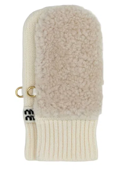 MIU MIU WHITE LOGO MITTEN GLOVES