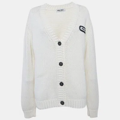 Pre-owned Miu Miu White Logo Patch Rib Knit Cardigan L