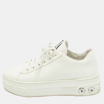 Pre-owned Miu Miu White Patent Leather Crystal Embellished Platform Low Top Sneakers Size 39