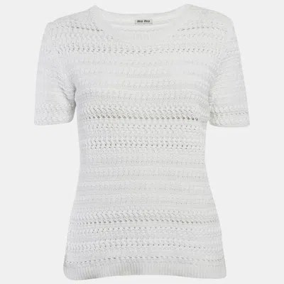 Pre-owned Miu Miu White Patterned Knit Round Neck Top M