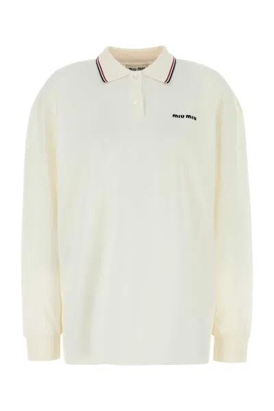 Miu Miu White Piquet Polo Shirt In Metallic