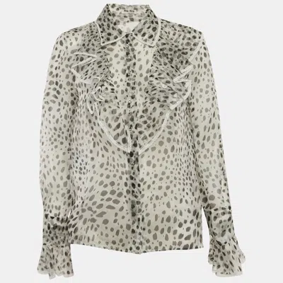 Pre-owned Miu Miu White Printed Silk Button Front Ruffled Blouse S