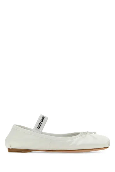 Miu Miu Leather Mary Jane Ballerina Flats In Bianco