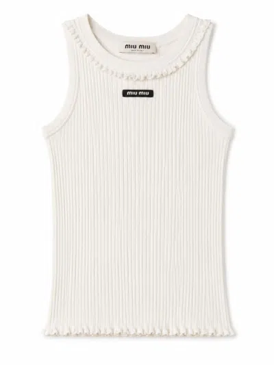Miu Miu White Silk Mini Tank Top With Openwork Detail & Ruffle Neck
