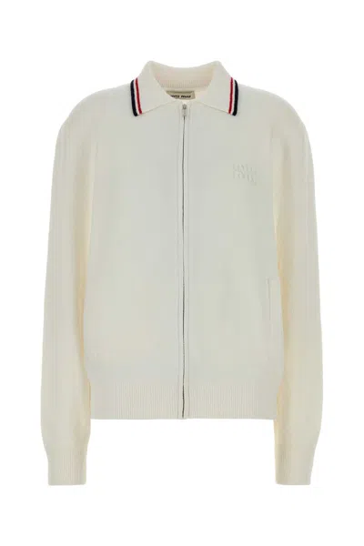 MIU MIU MIU MIU WHITE STRETCH COTTON BLEND CARDIGAN