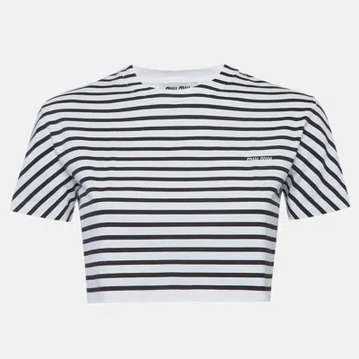 Pre-owned Miu Miu White/black Striped Jersey Crop T-shirt Xs