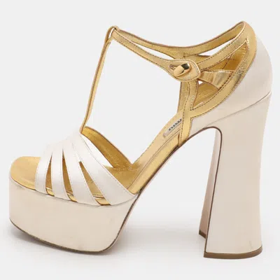 Pre-owned Miu Miu White/gold Leather And Satin Platform Sandals Size 36