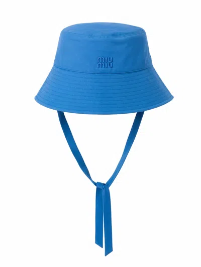 Miu Miu Wide-brim Cotton Poplin Bucket Hat With Embroidered Logo And Side Ties In Blue