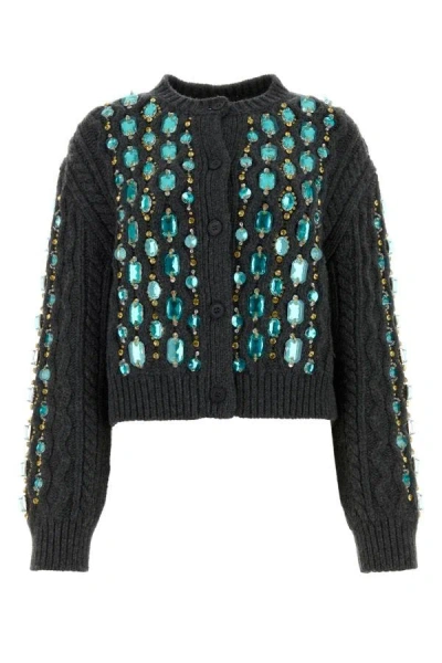 Miu Miu Crystal Oversized Cable Wool Cardigan In Grey