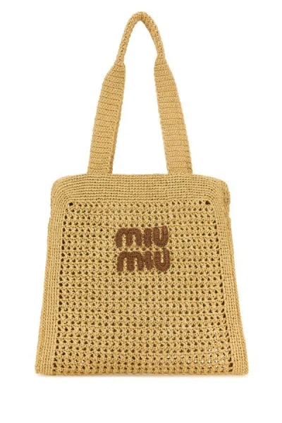 Miu Miu Woman Beige Crochet Shopping Bag In Brown